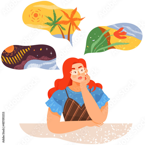 Girl thinks about seaside resort, space, abstract figures, summer rest, vacation. Development of creative thinking, imagination concept. Creativity skills, mental mindset of female character