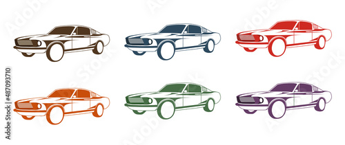 Set of a vintage car on white background in different colors. Old automobile. Vector design. Classic auto