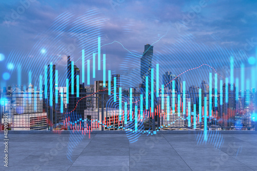 Rooftop with concrete terrace  Bangkok sunset skyline. Forecasting and business modeling of financial markets hologram digital charts. City downtown. Double exposure.