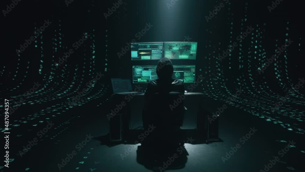 Minimalistic concept of alone hacker programmer surrounded by green programming codes in a dark ambient cyber space, sitting at a table with four monitors doing a hacking attack