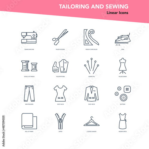 Set single line sewing and tailoring icons, tailor tools for needlework at home design in line style, vector illustration.