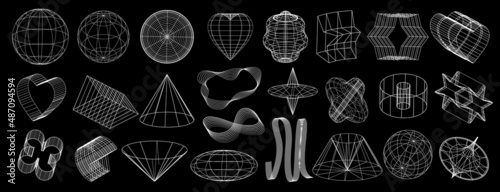 Mesh abstract shapes with globe in minimal style set. Futuristic elements and retrofuturistic shapes. Set of neo memphis, vaporwave. vector illustration