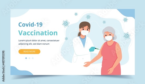 Vaccination for the elderly, senior woman and a doctor with a syringe. Banner webpage template vector illustration in flat cartoon style