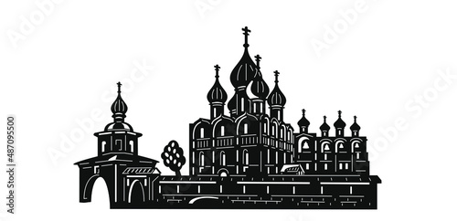 Black and white image. The silhouette of ancient cities.
 Drawing for stencil, printing, laser cutting.