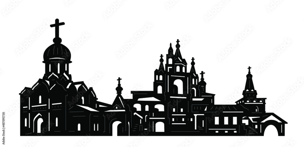 Black and white image. The silhouette of ancient cities.
 Drawing for stencil, printing, laser cutting.
