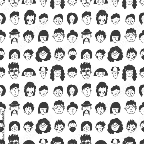 people doodle seamless pattern. Cartoon characters of different gender and age. Cute print for printing on paper and fabric. Stylish endless background design. Vector illustration, hand-drawn