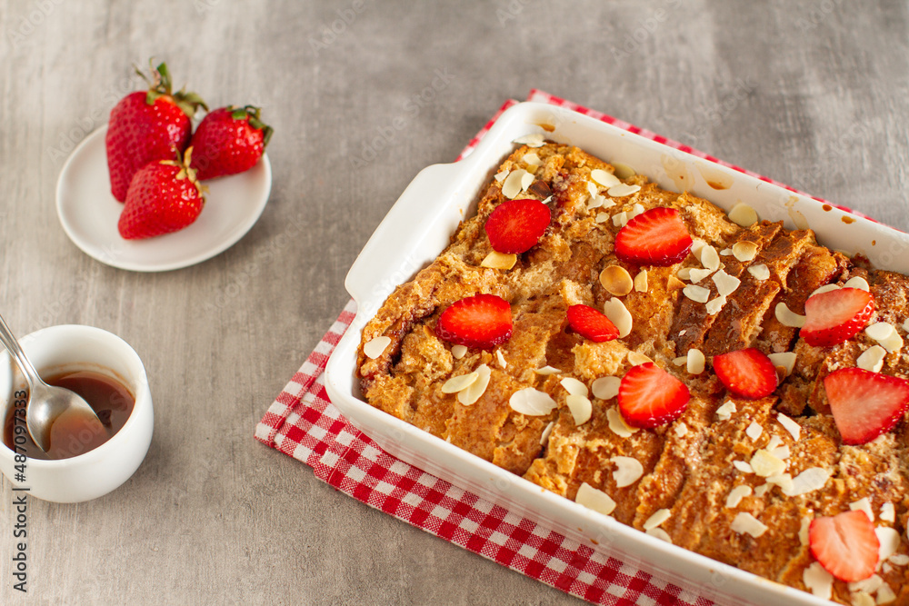 Homemade pudding made by leftovers bread and strawberries Homemade pudding made by leftovers bread and strawberries