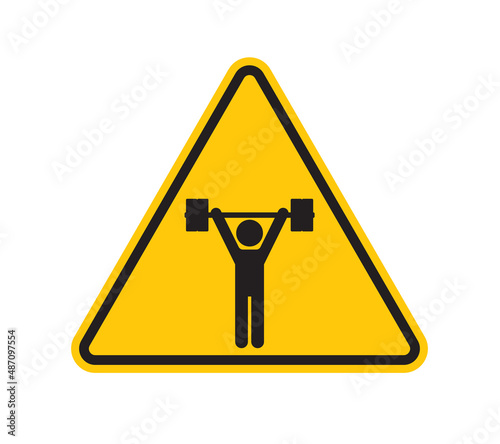 Vector yellow triangle sign - black silhouette weightlifter, sport symbol. Isolated on white background.
