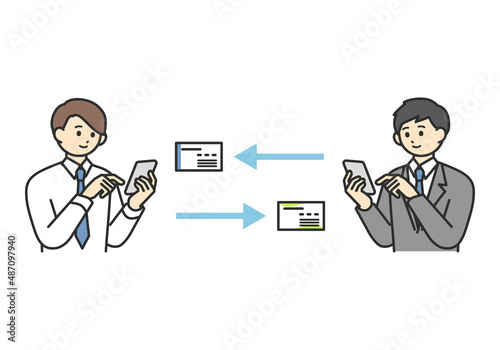 スマートフォンで名刺交換をする男性社員のイメージイラスト素材