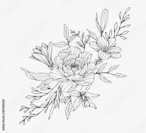 Trendy wedding flowers for logo or decorations. Hand drawn line wedding decoraton, elegant leaves for invitation save the date card. Botanical rustic trendy greenery