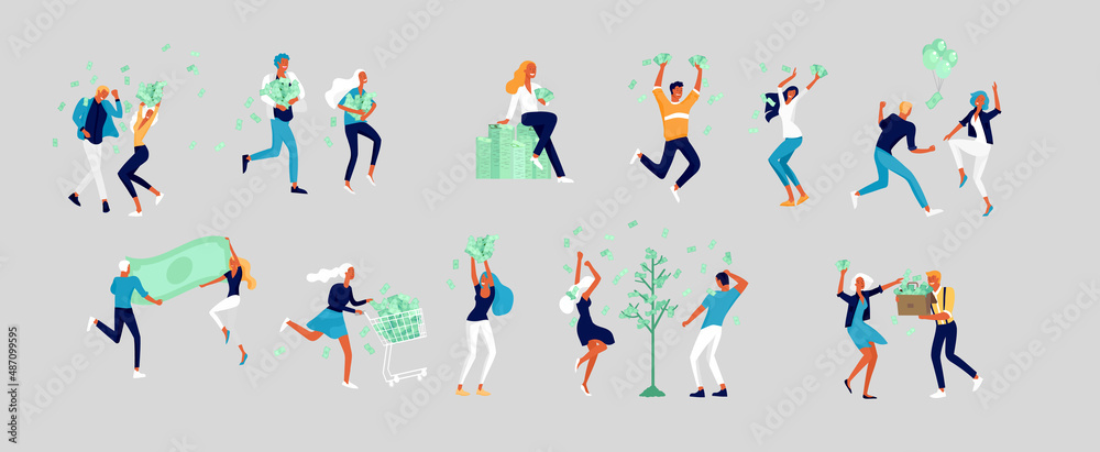 Business people celebrating victory. Business team standing under money rain. Cartoon style, flat vector illustration isolated on white.