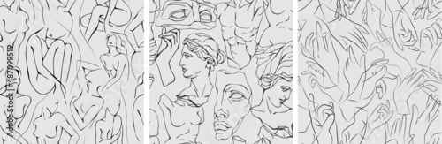 Vector seamless pattern with woman in minimal linear style Fashion illustration by femininity, beauty and modern art. Abstract poster and t-shirt print Vector