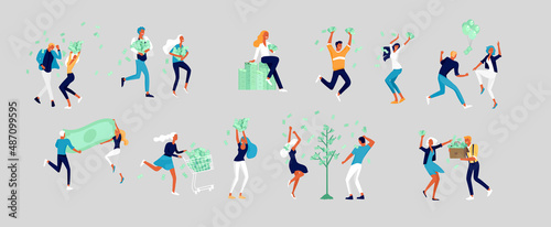Business people celebrating victory. Business team standing under money rain. Cartoon style, flat vector illustration isolated on white.