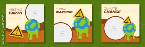 Global warming social media post, square banner set, melting earth danger advertisement concept, climate change marketing ad, modern creative flyer, isolated on background