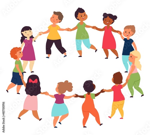 Kids in circle. Playing teens holding hands, children connection together. Communication little characters, friendship and dancing round dance, decent vector scene