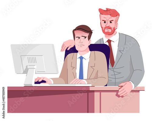 New employee coaching semi flat RGB color vector illustration. Office workers. Trigger for anxiety. Strict senior supervisor with new employee isolated cartoon characters on white background photo