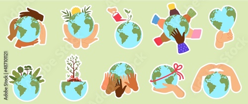Eco stickers. People hold earth, nature climate change and ecology problen on planet badges. Protect environment together, decent vector labels
