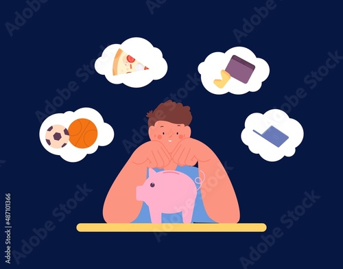 Boy dream with piggy bank. Child and finance, home banking. Kid think about food, gadgets and balls. Person saved up money and wants spend, vector concept