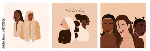 Abstract diverse women portraits in modern style. Happy International Women's Day set of posters. Equality, diversity and sisterhood concept. Feminism and girl power. Vector illustration