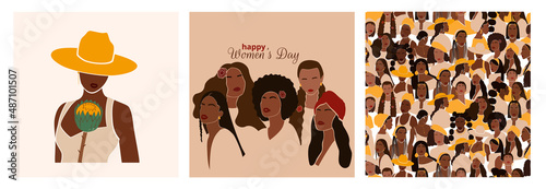 Abstract diverse women portraits in modern style. Happy International Women's Day set of posters. Equality, diversity and sisterhood concept. Feminism and girl power. Vector illustration