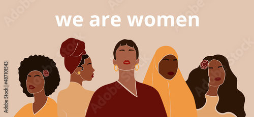 Abstract diverse women portraits in modern style. Happy International Women's Day banner. Equality, diversity and sisterhood concept. Feminism and girl power. Vector illustration