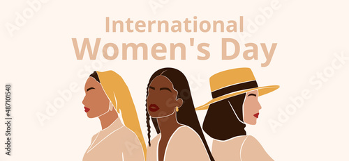 Abstract diverse women portraits in modern style. Happy International Women's Day banner. Equality, diversity and sisterhood concept. Feminism and girl power. Vector illustration