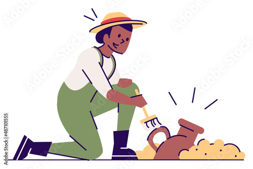 Female archaeologist found ancient jug semi flat RGB color vector illustration. Sitting figure. Person with experience in archaeological field isolated cartoon character on white background
