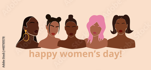 Abstract diverse women portraits in modern style. Happy International Women's Day banner. Equality, diversity and sisterhood concept. Feminism and girl power. Vector illustration