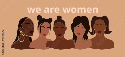 Abstract diverse women portraits in modern style. Happy International Women's Day banner. Equality, diversity and sisterhood concept. Feminism and girl power. Vector illustration