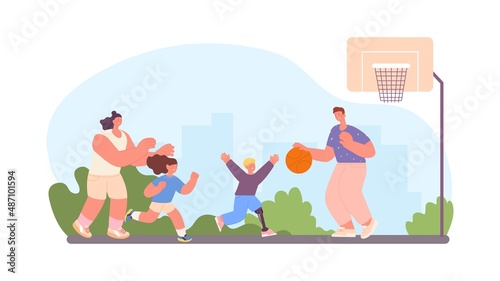 Family play basketball in city park. Inclusive child in life. Happy boy with parents and sister workout on playground  vector scene