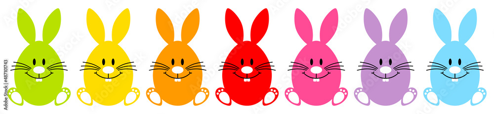 Fototapeta premium Set 7 Sitzende Haseneier Regenbogenfarbe