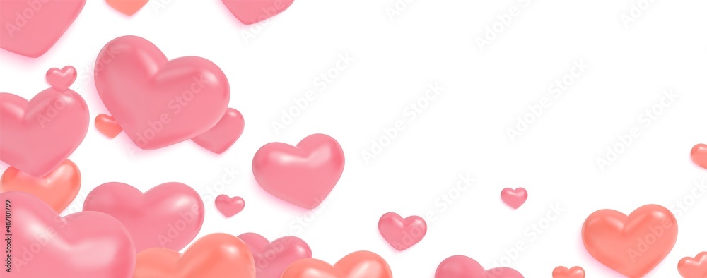 Hearts 3d pastel pink colors background. Realistic heart balloons romantic empty banner or postcard. Love poster, invitation, wedding, valentines day or birthday vector template