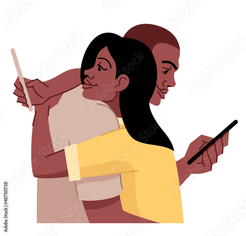 Couple with smartphone addiction semi flat RGB color vector illustration. Hugging figures. Search for pleasure. People with addictive personality isolated cartoon characters on white background