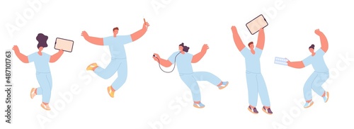 Happy medical team flying with pills. Doctors and nurses, hospital workers in uniform. Flat cartoon medicine professionals, woman and man isolated vector set