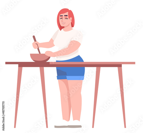 Curvy woman eating healthy meal semi flat RGB color vector illustration. Smiling figure. Self-acceptance. Person promoting body positivity approach isolated cartoon character on white background