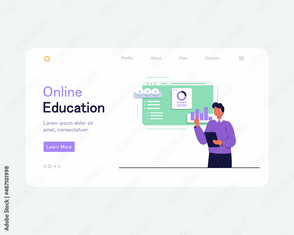Online education vector landing page template for learning web, banner, design with flat illustrations