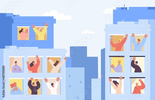 Neighborhood. Happy people look from windows, say hello to spring. Good weather, season of walking. Easter holidays, party or friendly community vector illustration