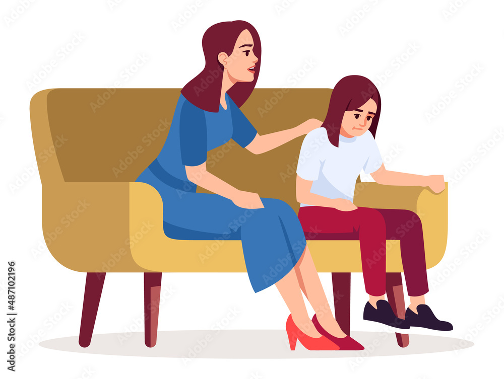 Mother with daughter sitting on sofa semi flat RGB color vector illustration. Woman with girl visiting psychologist consultation meeting isolated cartoon characters on white background Mother with daughter sitting on sofa semi flat RGB color vector illustration. Woman with girl visiting psychologist consultation meeting isolated cartoon characters on white background
