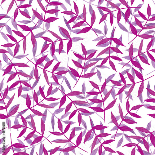 Botanical seamless pattern with lilac, purple simple leaves and branches on a white background. Floristic design. Watercolor illustration. For the design of wallpaper, fabric, packaging.