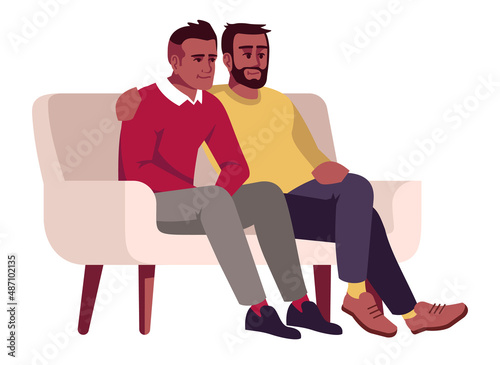 Gay couple sitting on sofa semi flat RGB color vector illustration. Embracing figures. Men visiting psychologist consultation meeting isolated cartoon characters on white background