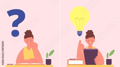 Problem solution. Thoughtful girl with tables and book. Cute cartoon kid sitting at desk and study, read books and look info in internet, vector concept