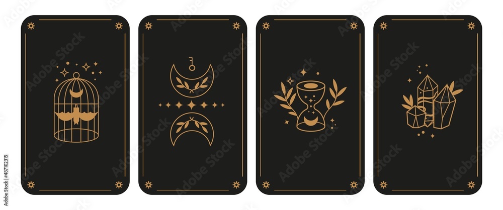 Tarot covers design. Occult ancient mystic cards. Divination ritual, witchcraft vintage posters. Linear graphics, crystal and moon, stars and cage. Gypsy magic vector set
