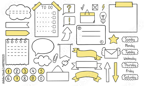 Hand drawn bullet journal doodle. Set of notes, ribbons, frames, stickers for bullet journal, notebook, diary and planner. Vector illustration isolated on white background.