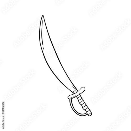 Pirate saber in doodle style. Medieval curved sword. Hand drawn vector illustration isolated on white background.