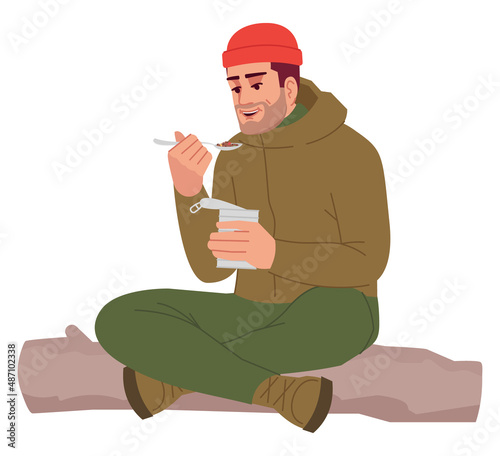 Camper eating canned food semi flat RGB color vector illustration. Sitting figure. Healthy appetite. Foodie lifestyle. Person eating out alone isolated cartoon character on white background