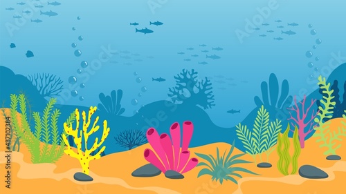 Underwater background with seaweed and fish silhouettes. Marine life, ocean, sea or river world. Cartoon algae plants vector illustration