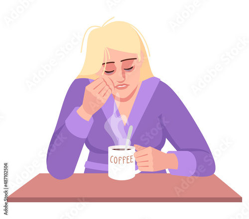 Caffeine crash semi flat RGB color vector illustration. Morning grogginess. Fatigue stress. Chronic sleep deprivation. Sleepy woman drinking coffee isolated cartoon character on white background
