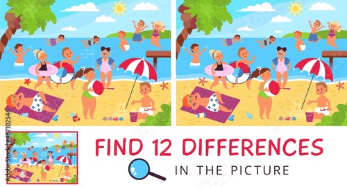 Find difference. 12 differences in picture with happy kids on beach. Paper game location for attention training, summer children puzzle, decent vector scene