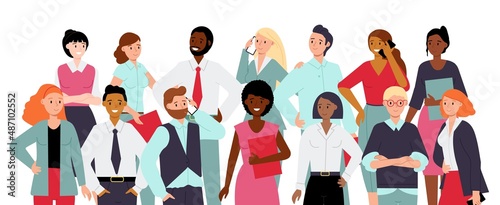 Team portrait. Smile diverse ethnic professionals in group. Corporate young coworkers together in office clothes. Decent employee in business vector scene