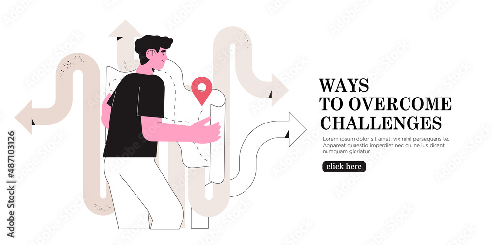 Man read map and choose which way to go or direction to take. Concept of challenge, right decision making, life and career crossroads, effective business solution. Male character with gps pin. - obrazy, fototapety, plakaty 
